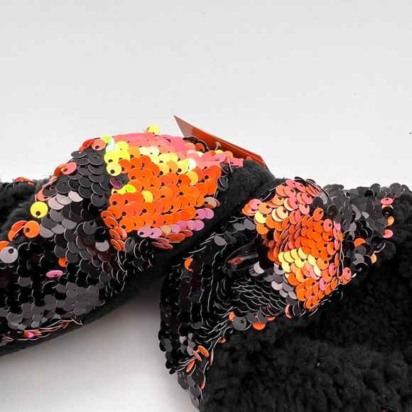 HYDE and EEK BOUTIQUE Cute Sequin Cat Slippers Sz M/L 8-10 Black Orange Grippers - Picture 4 of 5